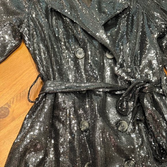 NWOT Dark Gray Sequin Double Breasted Trench Evening Coat Jacket Size Medium - Picture 4 of 11